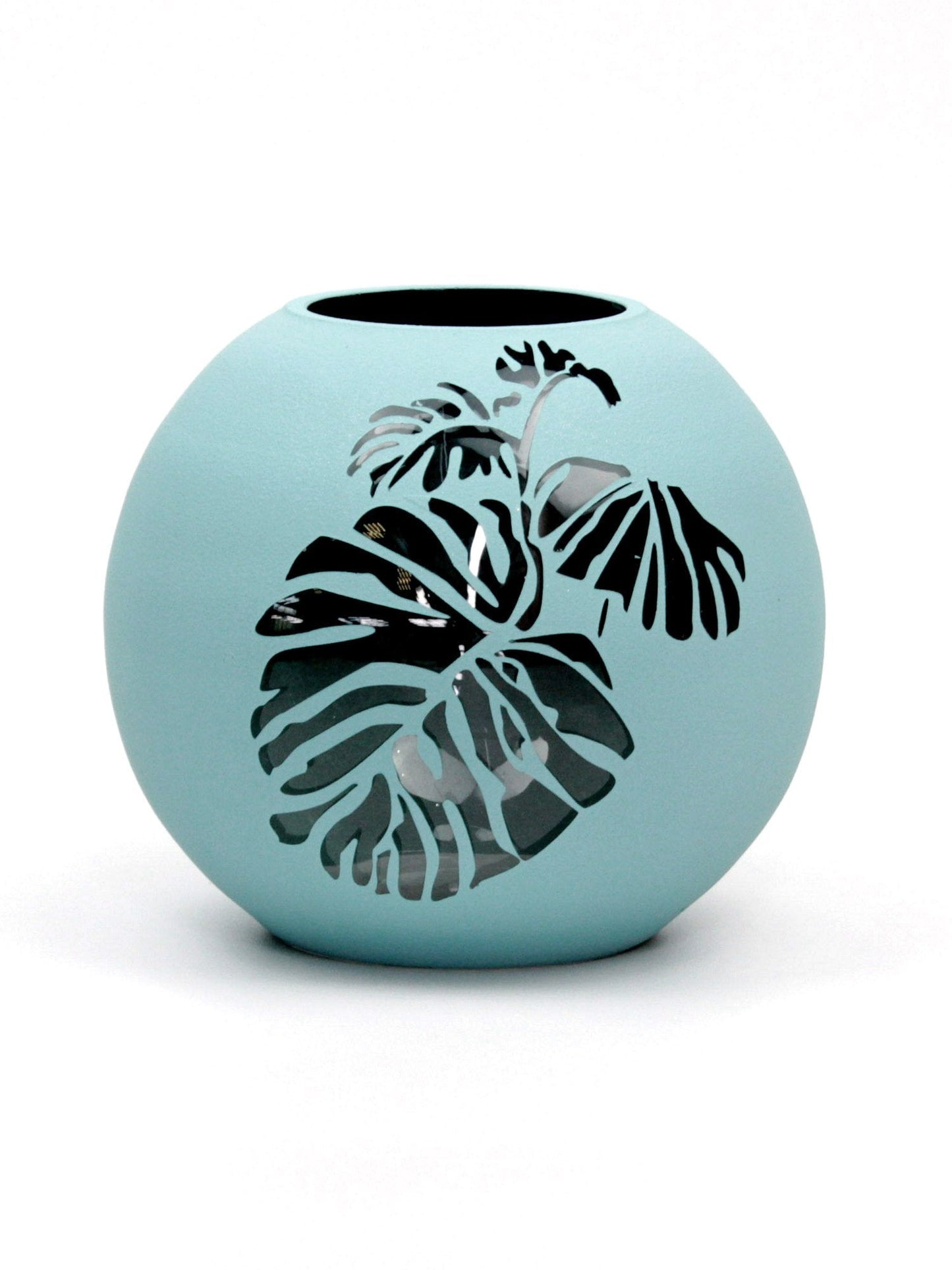 Handpainted Glass Vase | Painted Blue Leaves Art Glass Round Vase | Interior Design Home Room Decor | Table vase 6 inch | 5578/180/sh160.2