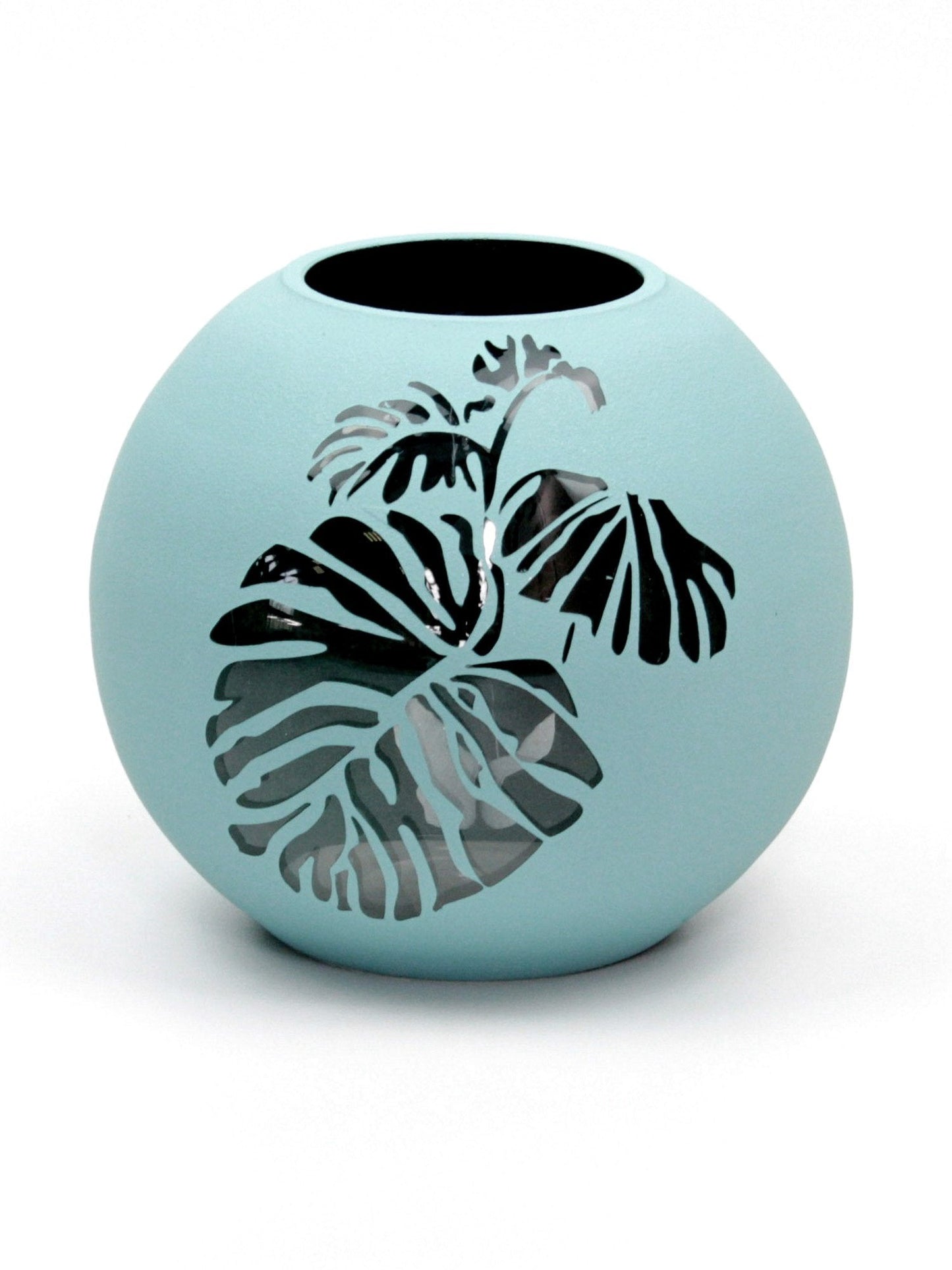 Handpainted Glass Vase | Painted Blue Leaves Art Glass Round Vase | Interior Design Home Room Decor | Table vase 6 inch | 5578/180/sh160.2