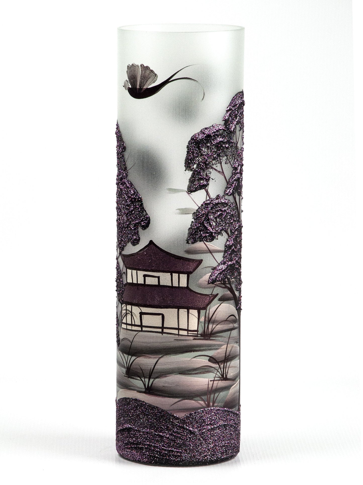 Decorated Glass Vase for Flowers | Cylinder Vase | Chinese Interior Design | Home Decor | Large Floor Vase | 7017/400/855