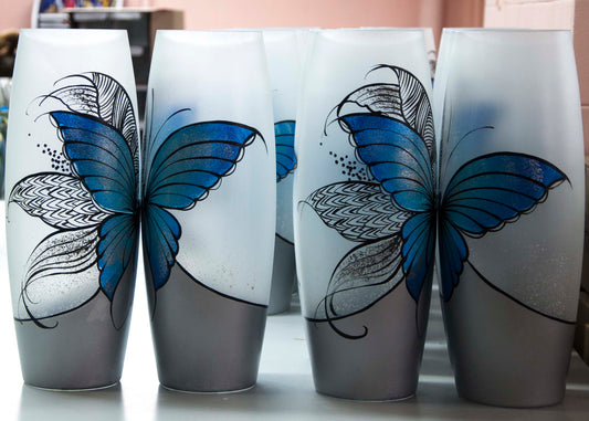 Blue butterfly floor Vase | Large Handpainted Glass Vase for Flowers | Room Decor | Floor Vase 16 inch | 7124/400/sh227