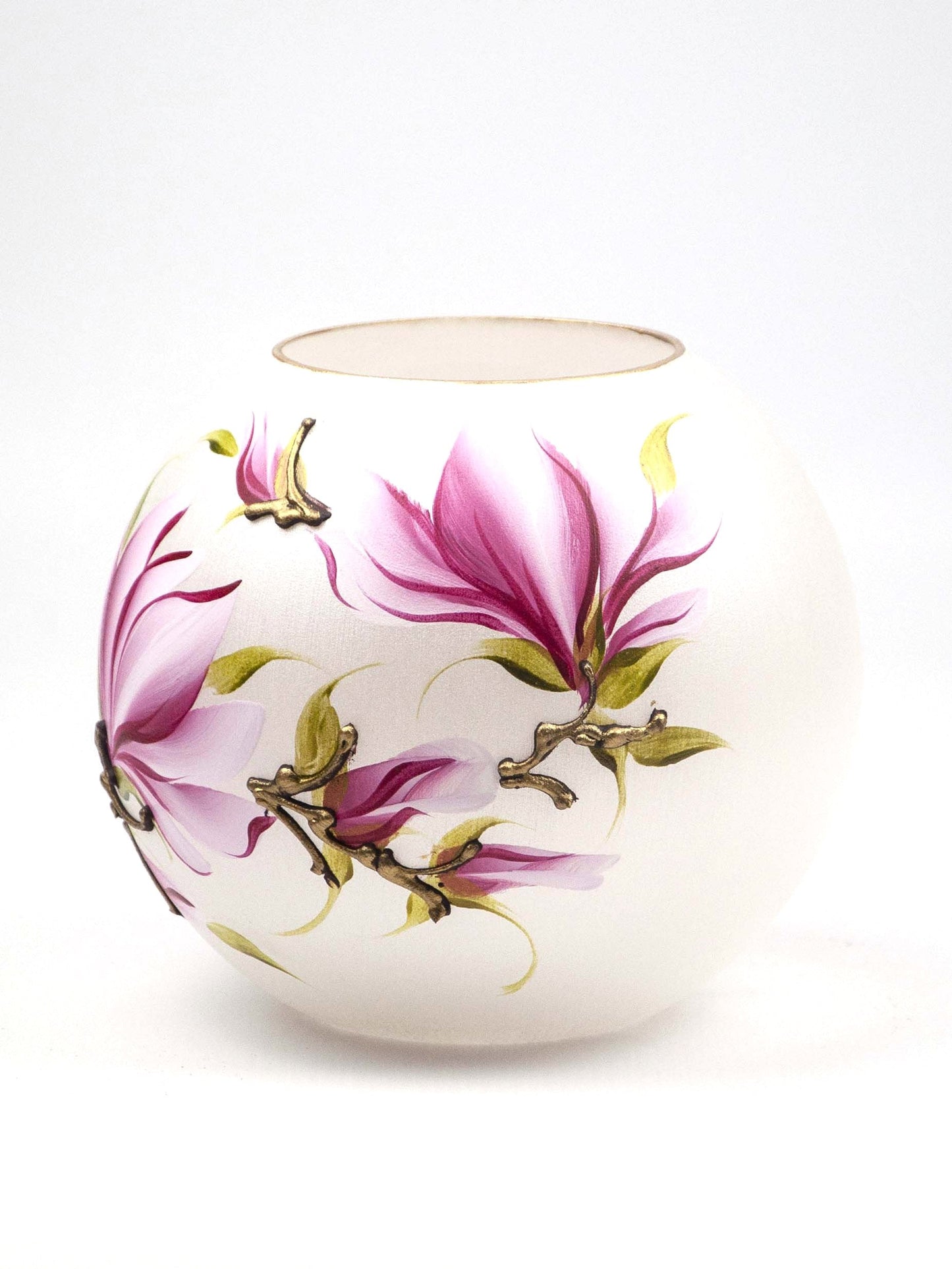 Handpainted Glass Vase | Painted Pink Flowers Art Glass Round Vase | Interior Design Home Room Decor | Table vase 6 inch | 5578/180/sh163