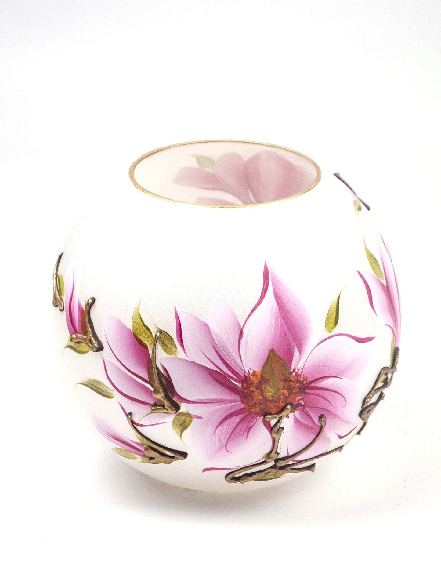 Handpainted Glass Vase | Painted Pink Flowers Art Glass Round Vase | Interior Design Home Room Decor | Table vase 6 inch | 5578/180/sh163