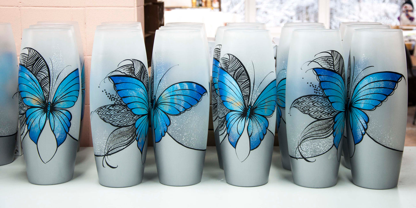 Blue butterfly floor Vase |  Large Handpainted Glass Vase for Flowers | Room Decor | Floor Vase 16 inch | 7124/400/sh227